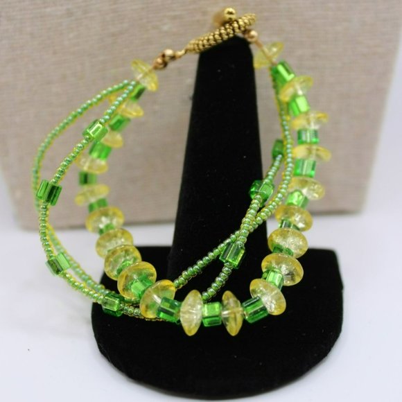 Vintage Three Strand Necklace Bracelet Set Blown Glass Pendent Beaded Gold Tone - Picture 4 of 6
